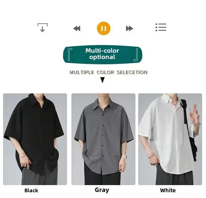 Men's Ice Silk Short Sleeve Shirt Casual Loose Fit Korean Style Trendy Black Shirt For Summer Thin Sleeve Casual