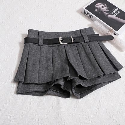 Kimotimo Womens Shorts Autumn Winter Belt High Waist Fluffy Pleated A-line Short Pants Korean Fashion Sexy Y2k All Match Clothes