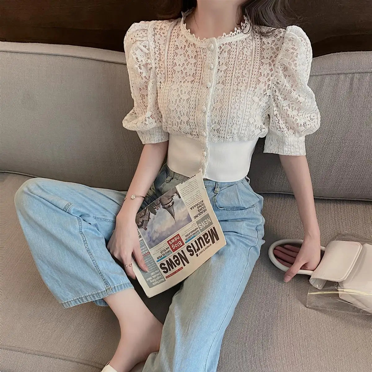 Woherb Sweet Crochet Top Blouse Women Sexy Hollow Out Shirt Vintage Puff Sleeve Korean  Shirts Fashion Chic Tops Blusas