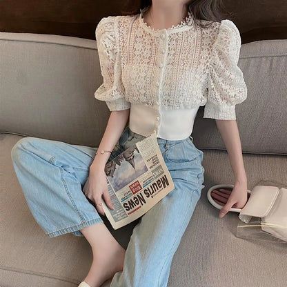 Woherb Sweet Crochet Top Blouse Women Sexy Hollow Out Shirt Vintage Puff Sleeve Korean  Shirts Fashion Chic Tops Blusas