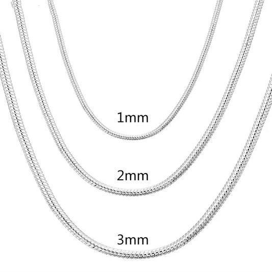 40-75cm 925スターリングシルバー 1MM/2MM/3MM ソリッドスネークチェーンネックレス メンズ レディース ファッションジュエリー ペンダント用 送料無料