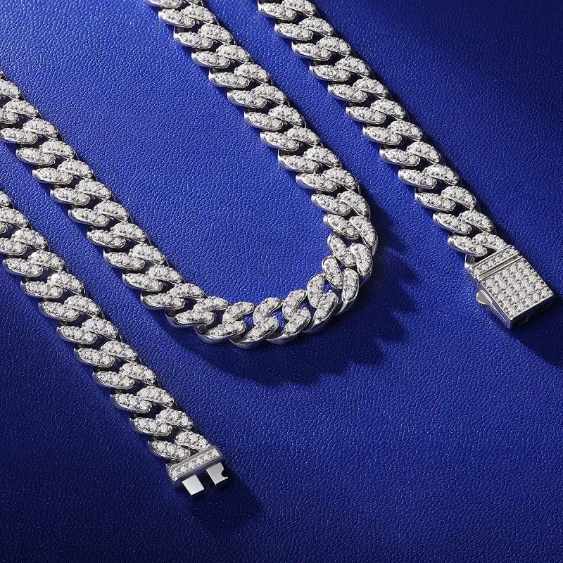 EWYA フルモアサナイト キューバンネックチェーン ネックレス メンズ レディース 8mm S925 シルバープレート 18K ヒップホップ パスダイヤモンドテスト リンクネックレス