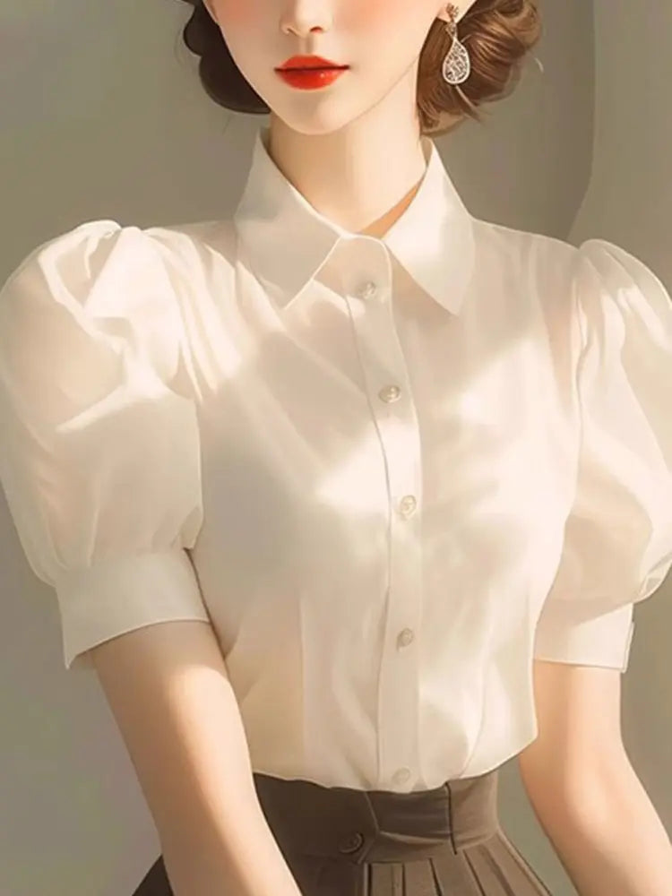 Elegant French Style Intelligent and Absolutely Beautiful White Stand Up Collar Puff Sleeve Blouse for Women's Summer Shirt