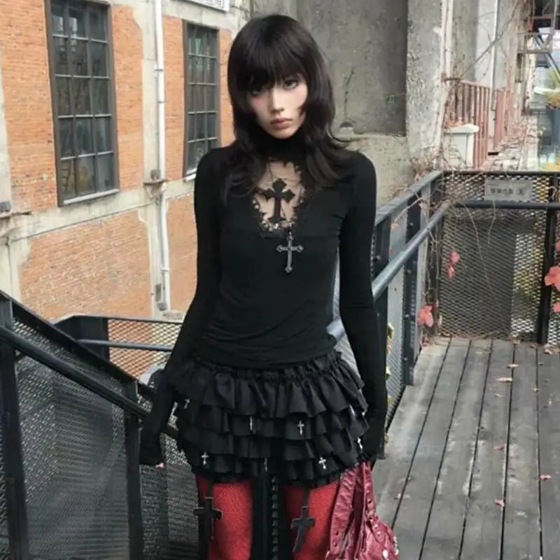 Genayooa Y2k Gothic T Shirt Women Hollow Out Patchwork Vintage Crop Tops Streetwear American Retro Grunge Tops Aesthetic Tshirt