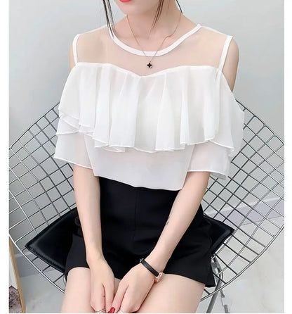 Off Shoulder Sexy Chiffon Blouses Women 2025 Summer Korean Fashion Clothes Ruffles Slim Sweet Ladies Casual Lace Tops Shirts Y2k