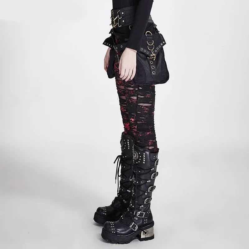 PUNK RAVE ゴシック レディース ブロークンメッシュ レギンス ハイエラスティック ホール クロシェ ブリーザブル リップドパンツ ブラック レッド スチームパンク チャーム セクシー