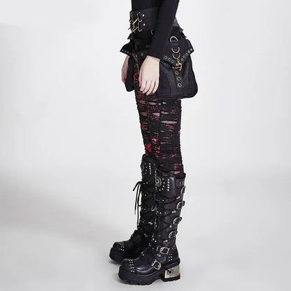 PUNK RAVE ゴシック レディース ブロークンメッシュ レギンス ハイエラスティック ホール クロシェ ブリーザブル リップドパンツ ブラック レッド スチームパンク チャーム セクシー
