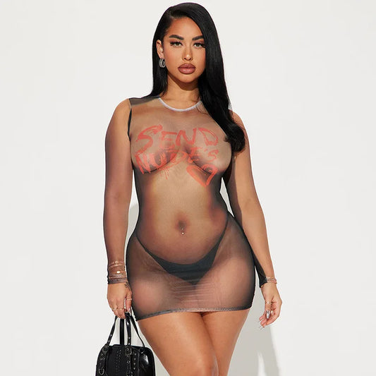 HELIAR レディース メッシュ シースルー セクシー ドレス プリント 長袖 ミニ ボディコン ドレス Y2K ストリート パッチワーク ドレス 春夏