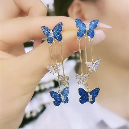 925 Silver Needle Blue Purple Butterfly Long Tassel Earrings For Women Jewelry 2025 Trending New Korean Crystal Drop Earrings