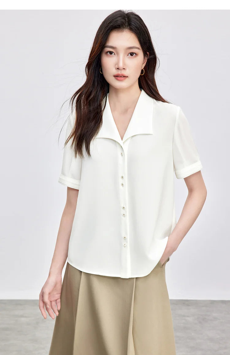 SENTUBILA Turn Down Collar Shirt Women Summer 2025 Twill Texture Chic Button Short Sleeve Elegant Solid Woman Blouse 152C87931