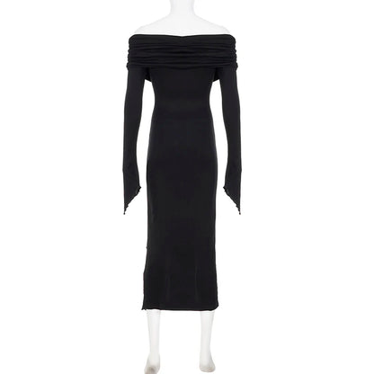 SUCHCUTE Elegant Off Shoulder Ruffles Split Long Dress Black Fashion Long Sleeve Party Dresses Women Beach Vacation Outfits 2024