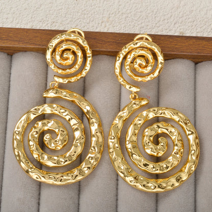 Gold Plated Hammered Heart/Round Spiral Drop Earrings Double Layer Statement Dangle Jewelry For Women Bohemian Vintage Style