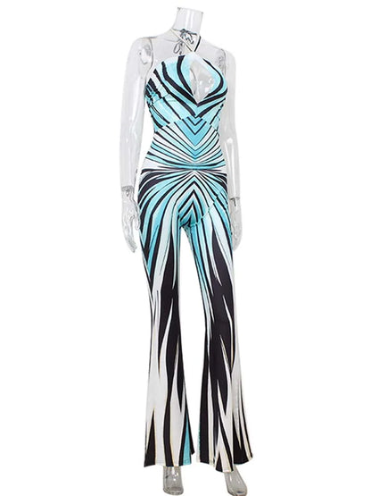 Ahagaga Fashion Printed Women Jumpsuits Halter Bandage Hollow Out Striped Skinny Flare Pants Sexy Streetwear Rompers Female