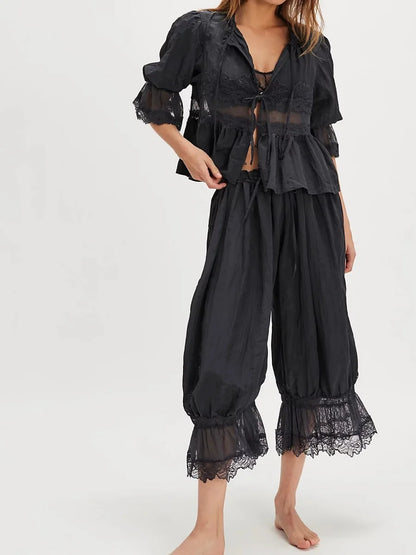 Women Y2k Vintage Lace Bloomer Pants Sets 2 Piece Lacey Babydoll Tank Top Long Bloomers Cropped Pants Suit Outfits Matching Sets