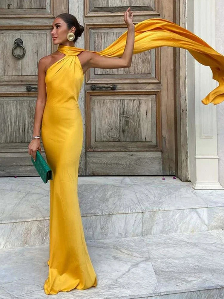 Elegant Satin Ribbon Halter Backless Sleeveless Dress for Women Slim Fit Party Evening Robes Lady Solid Color Autumn Summer 2025