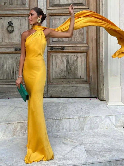 Elegant Satin Ribbon Halter Backless Sleeveless Dress for Women Slim Fit Party Evening Robes Lady Solid Color Autumn Summer 2025