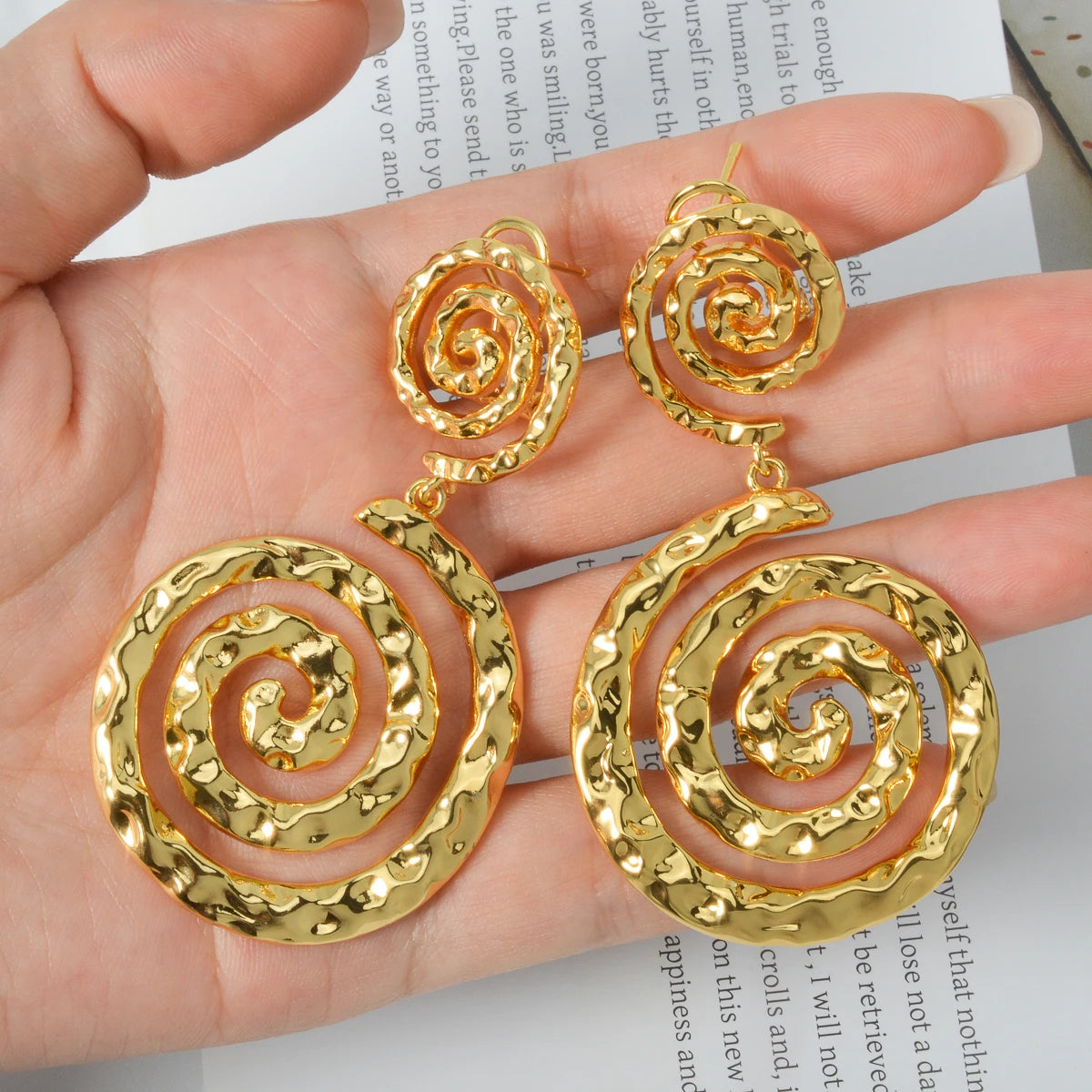 Gold Plated Hammered Heart/Round Spiral Drop Earrings Double Layer Statement Dangle Jewelry For Women Bohemian Vintage Style