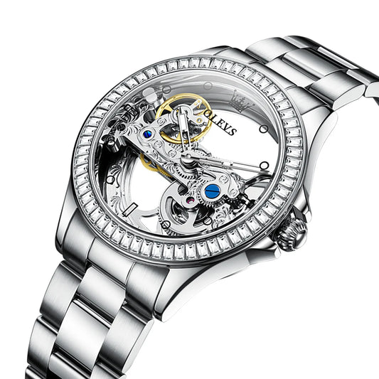 OLEVS Original Fashion Diamond Skeleton Design Tourbillon Women Watch Automatic Mechanical Watches Bracelet montre homme