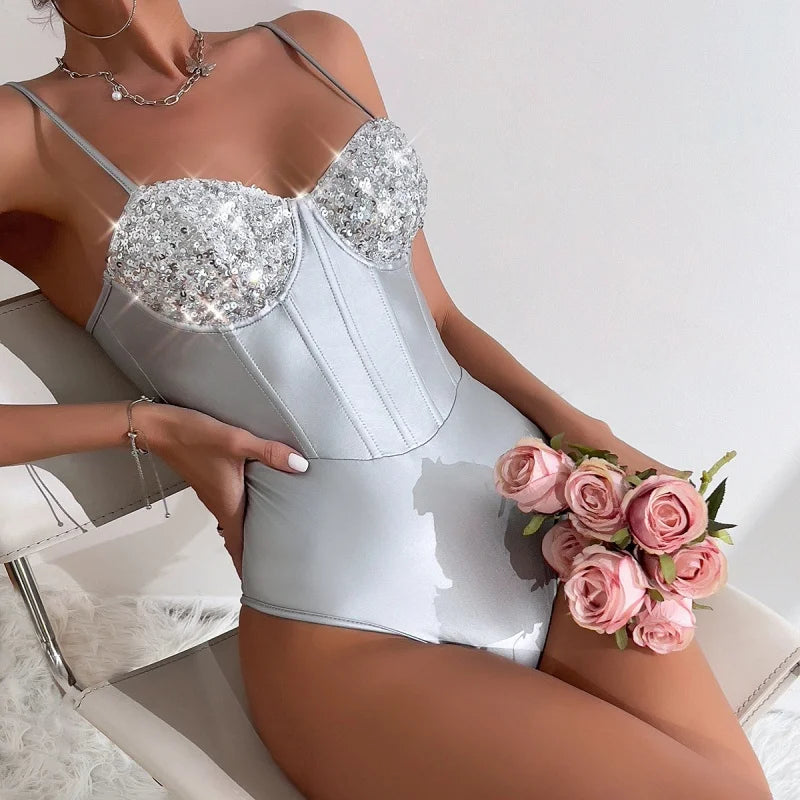 Womens Sparkly Silver Thong Bodysuit Satin Sequin jumpsuit  Adjustable Strap Going Out Night Club Party female sexy outfit