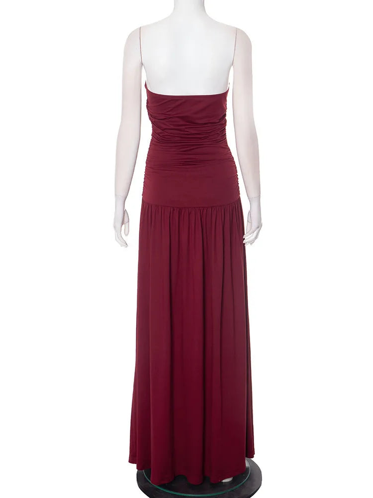 Mozision Off-shoulder Strapless Pleated Sexy Maxi Dress Women Fashion Backless Sleeveless High Waist Ruched Long Dress Elegant
