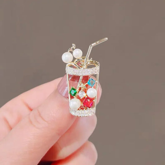 Cute Pearl Juice drinks Milk Tea Cups Brooch Lapel Pins for Women Girls Colorful Zircon Rhinestone Creative Design Coat Badges