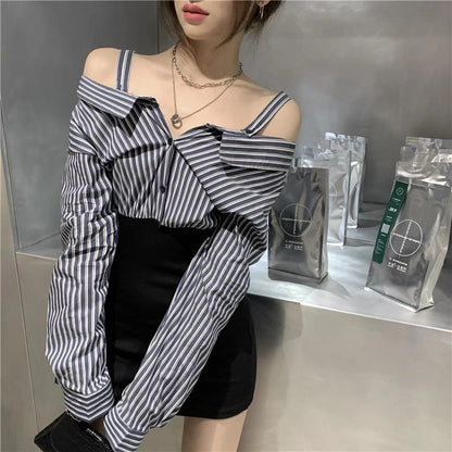 スラッシュネック ミニドレス レディース 韓国風 ストライプ パッチワーク ヒップラップドレス ファッション ストリートウェア 長袖 ボディコンデザイン ワンピース 新作