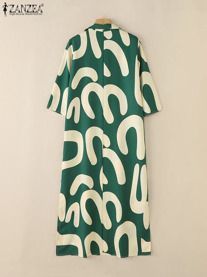 2025 ZANZEA Fashion Autumn Printed Dresses Women Maxi Long Dress Lapel Neck Long Sleeve Robe Casual Kaftan Vestidos Oversize