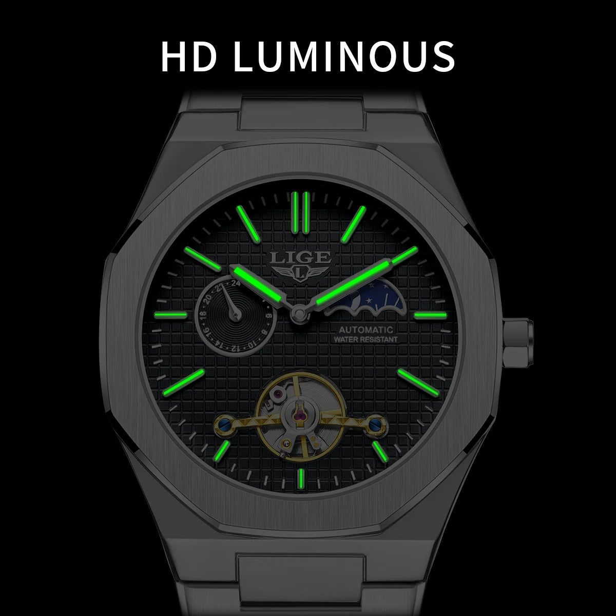 2025 LIGE New Luxury Tourbillon Mechanical Watches For Men Multifunctional Chronograph Moon phase Automatic Date Week Wristwatch