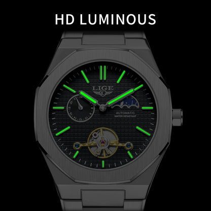 2025 LIGE New Luxury Tourbillon Mechanical Watches For Men Multifunctional Chronograph Moon phase Automatic Date Week Wristwatch