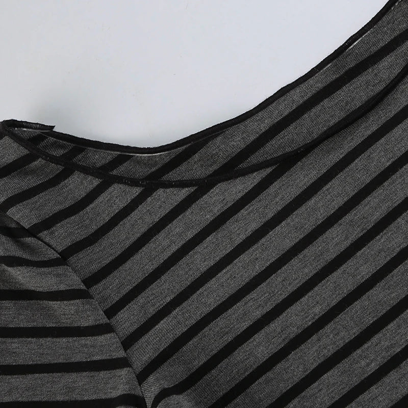 Sweetown Japanese Basic Slim Long Sleeve Stripe Tee Off Shoulder O Neck Korean Street Style Spring Autumn Y2K Gray T Shirt Women
