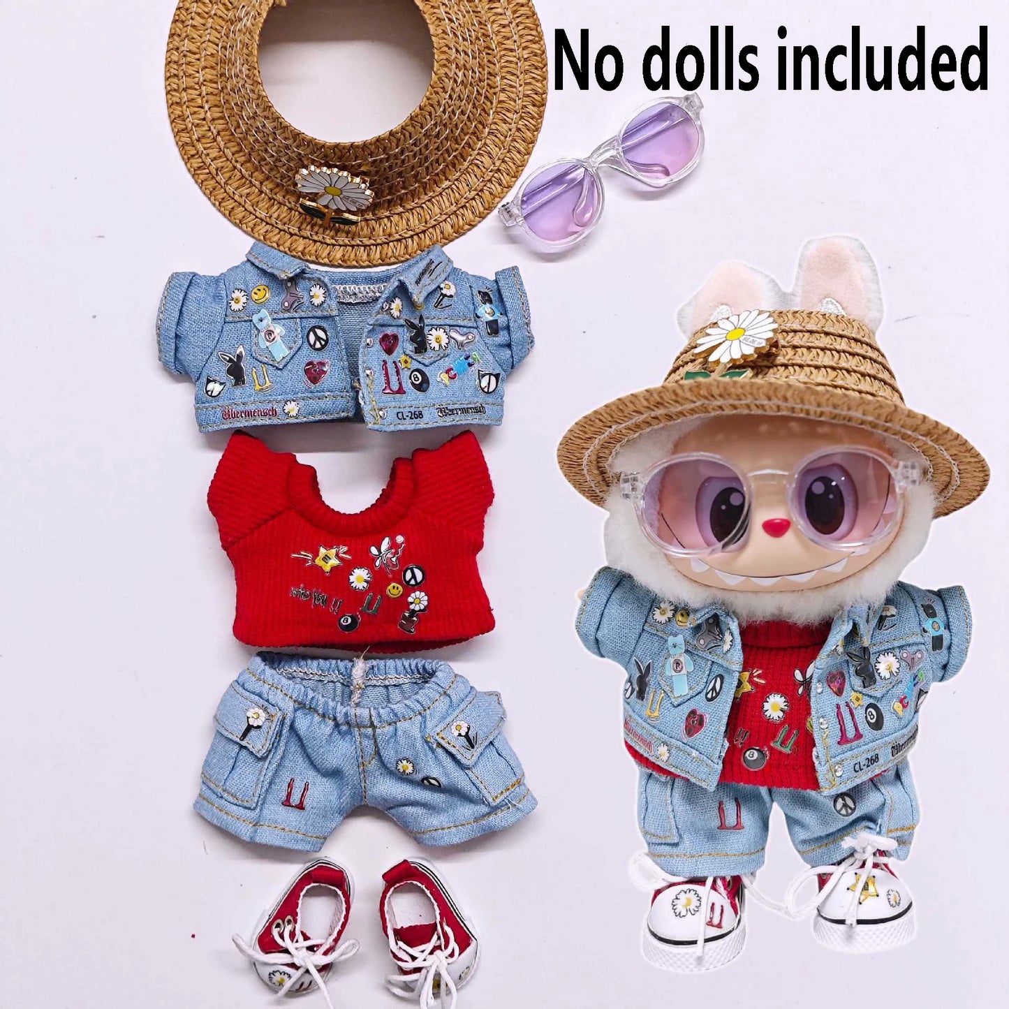 Labubuキッズ服用高品質15cm - 17cm西洋デニム服と靴セット Labubuユニバーサル服
