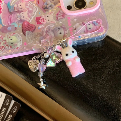 高級レーザーレインボーキュートピンクハートラブキャット漫画電話ケース iPhone 12 13 14 15 16 Pro Max Y2k 3Dふわふわ猫人形ストラップ