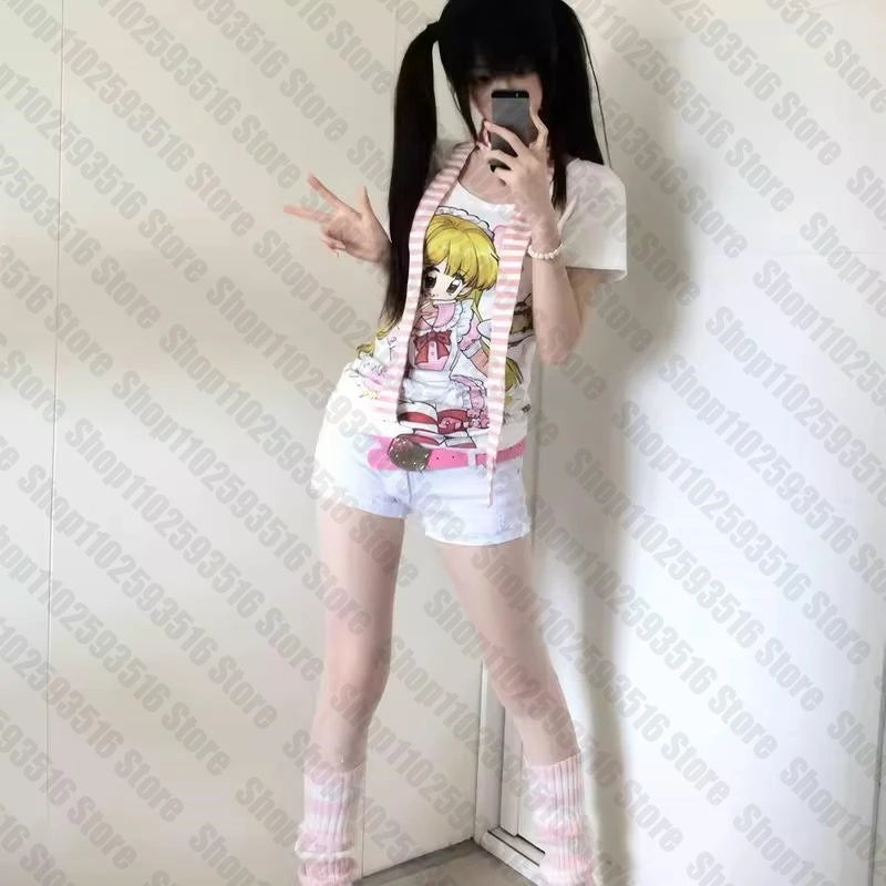 Japanese Y2k Top Harajuku 90s Vintage Clothes for Women Female Clothing Women's Cropped Kpop Gothic Woman T-shirts 2000s Tops