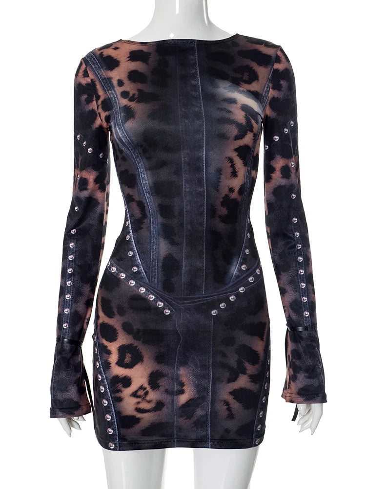 Nibber Leopard Print Women Dress Rivet Frenulum Gradient Long Sleeves Skinny Midnight American Retro Rock Style Mini Bodycon