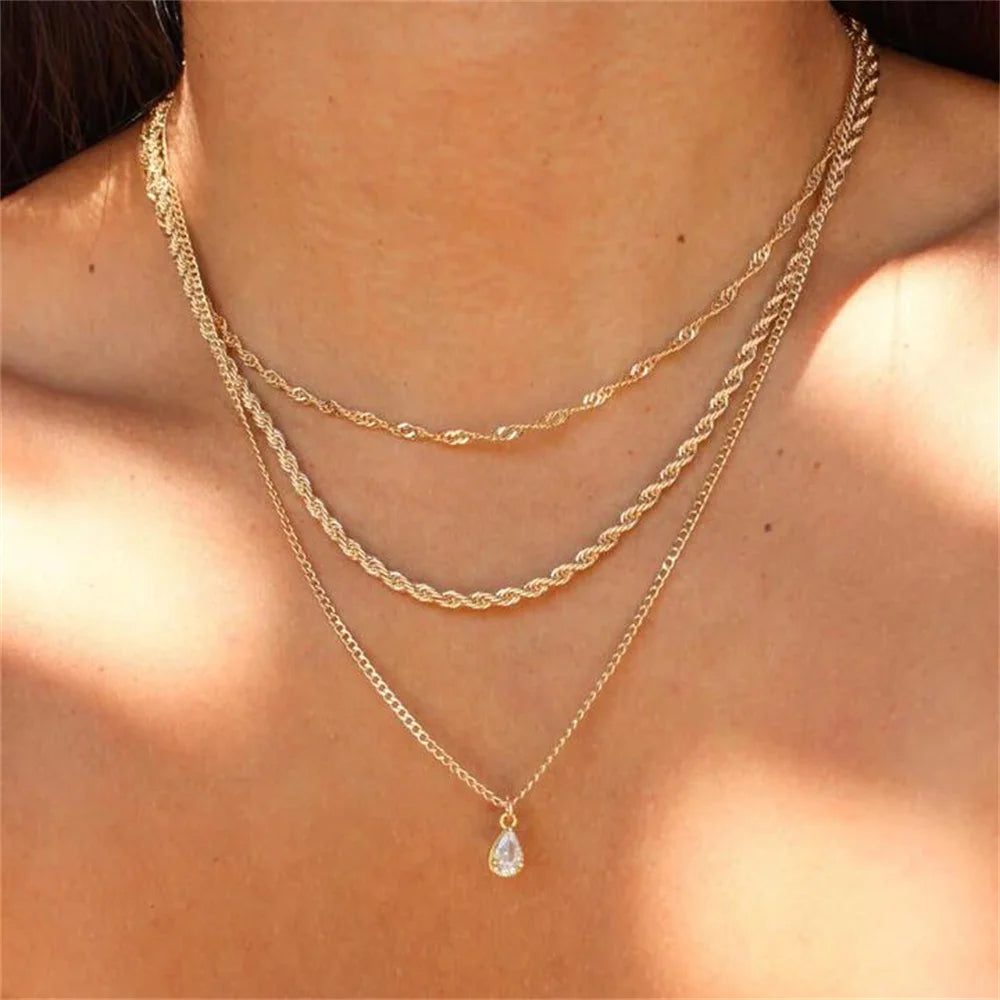 Boho Fashion Multilayer Gold-plate Artificial Pearl Crystal Chain Necklace For Women Female Vintage Star Sequin Pendant Jewelry