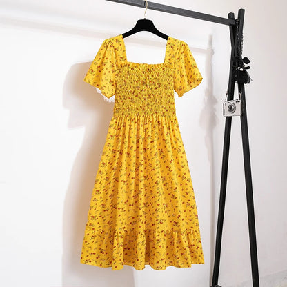 Summer Autumn Fashion Female Short Sleeve Elastic Waist Printed Floral A-line Midi Dress Women Chiffon Dresses Casual Dress