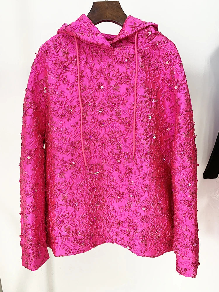 HIGH STREET 最新 2025 F/W デザイナートップス レディース ジャカード ビーズ ルーズ フード付き パーカー