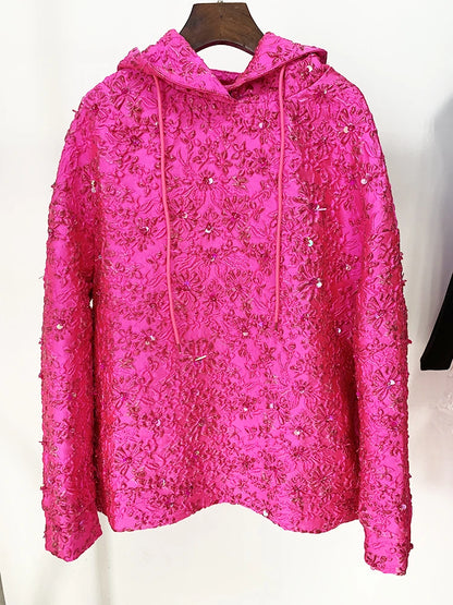 HIGH STREET 最新 2025 F/W デザイナートップス レディース ジャカード ビーズ ルーズ フード付き パーカー