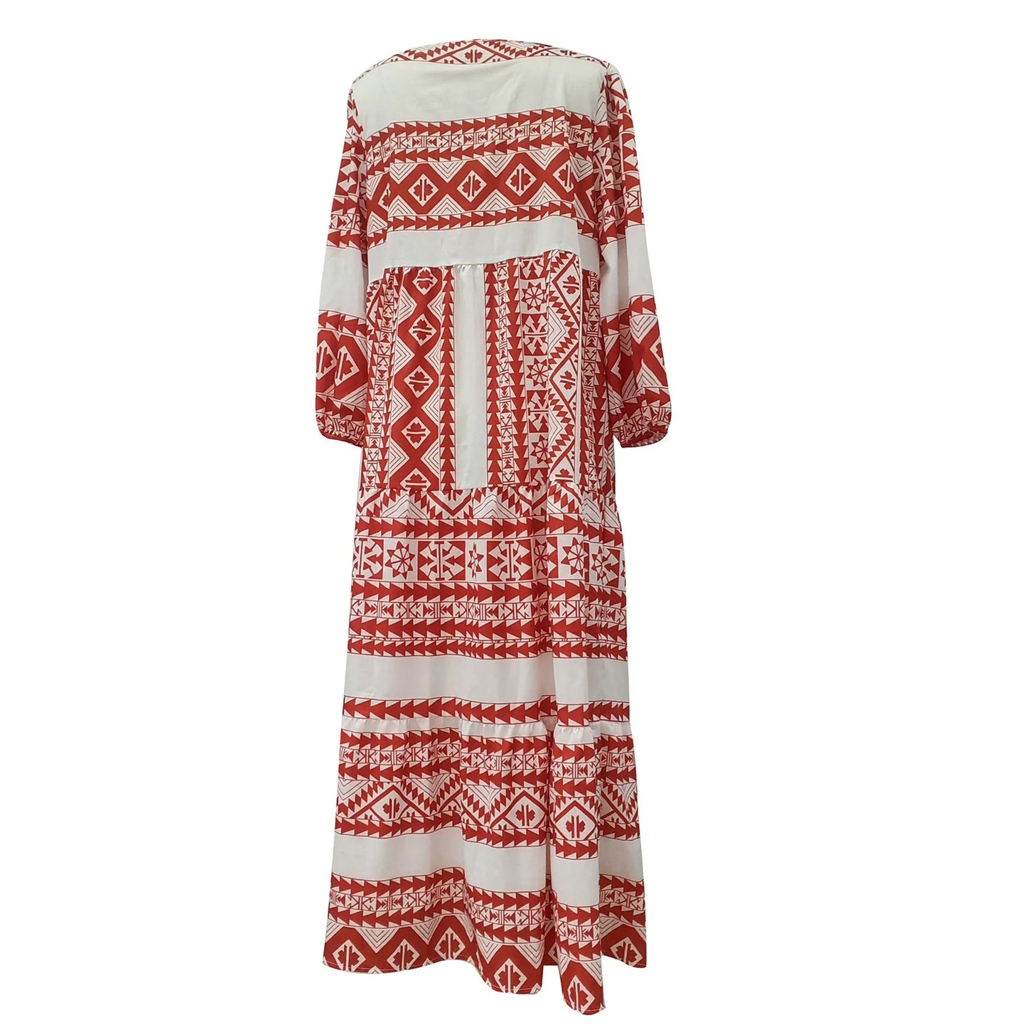 Women's Summer Casual Fashion Geometric Print Neckline Lace-up Bubble Middle-sleeves Ruffle Stitching Big Swing Long Losse Dress