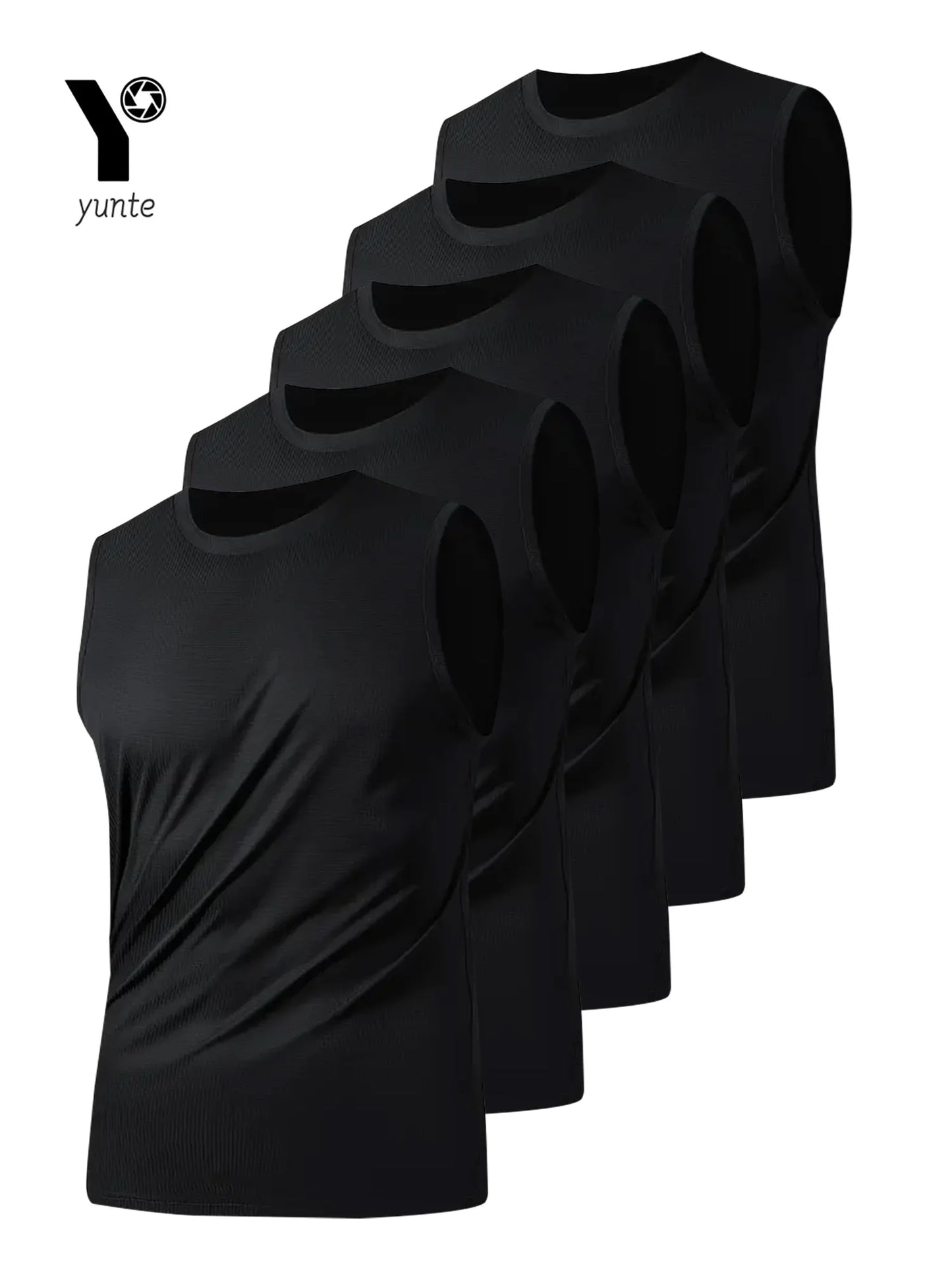 Men's Sports Vest Black 5-Piece Breathable Round Neck Slightly Elastic Fabric Pure Color Suitable for Spring, Summer and Autum R