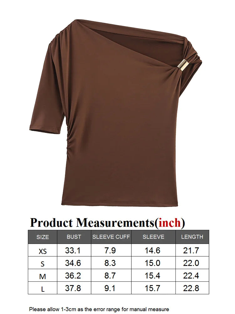 TRAF GAL 2025 Summer Thin Women Tees Short Sleeve Metal Detail Ruched Elastic Slim Asymmetric T-Shirt Female Crop Top Y2K