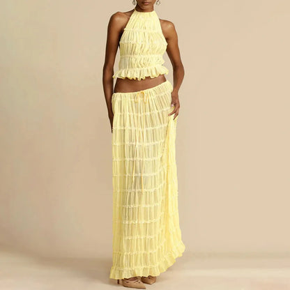 2024 Summer Party Elegant Women Beach Skirt Suit Sleeveless Backless Cropped Halter Lace Up Tops And Long Skirts Two Piece Sets