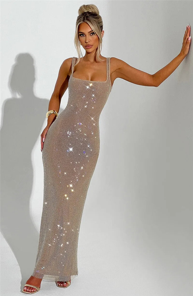 Mozision Sequins Backless Sexy Maxi Dress For Women Gown Fashion Sparkle Square Collar Sleeveless Bodycon Club Long Dress