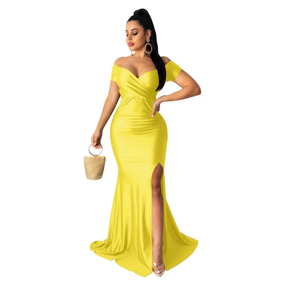 2024Sold Maxi Elegant Luxury Designer Party Dresses Women Off Shoulder Evening Dress Mermaid V-Neck Pleated Backless Long Dress
