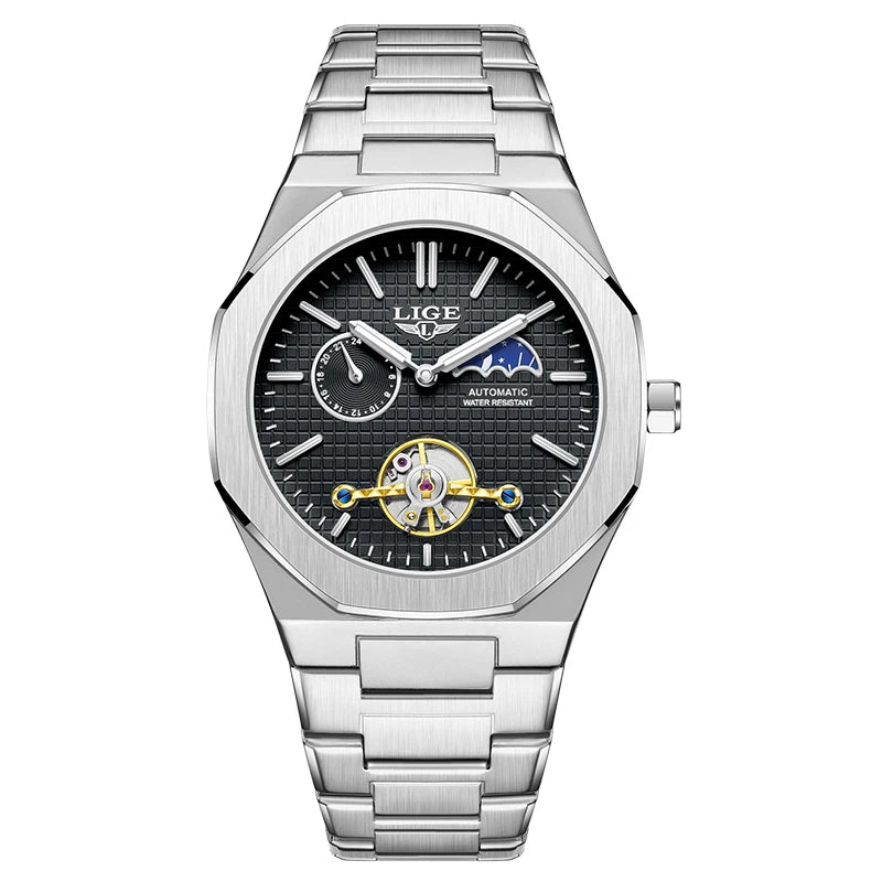 2025 LIGE New Luxury Tourbillon Mechanical Watches For Men Multifunctional Chronograph Moon phase Automatic Date Week Wristwatch