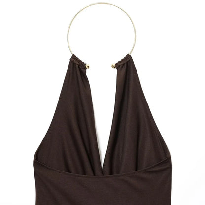 HXAO Halter Neck Bodysuits Sexy Summer Off Shoulder Bodysuit Women Brown Top Ruched Ring Backless Thong Bodysuit Woman One Piece