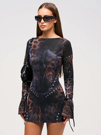 Nibber Leopard Print Women Dress Rivet Frenulum Gradient Long Sleeves Skinny Midnight American Retro Rock Style Mini Bodycon