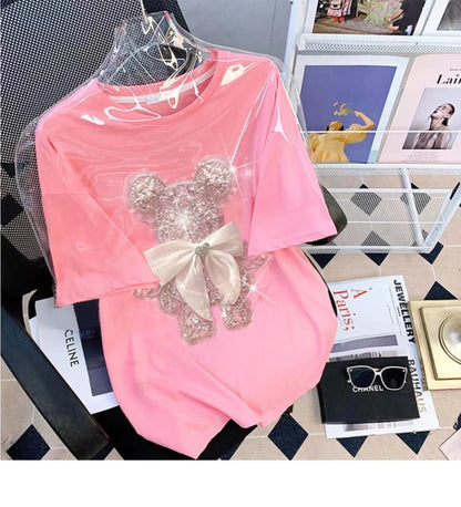Heavy Industry Rabbit Sequins White Short-Sleeve T-shirt Women Sweet Contrast Color Mesh Cute Flowers Rabbit T Shirt Summer Tees