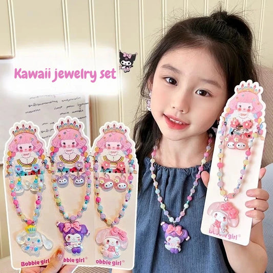Kawaii Sanrio Beaded Necklace Girls Jewelry Ear Clip Set Kuromi Cinnamoroll Pierced Baby Princess Jewelry Melody Gifts