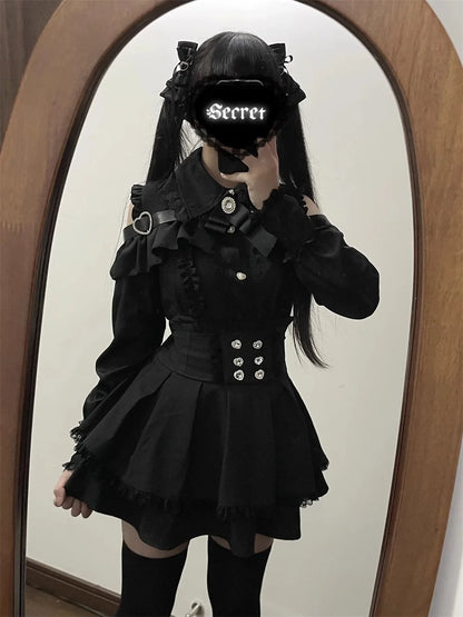 Kawaii Off Shoulder Long Sleeve Shirts Women Black Short Skirt Set Y2K Gothic Ruffle Skirts Lace Lolita Shirt Gown Suit ﻿﻿﻿﻿﻿